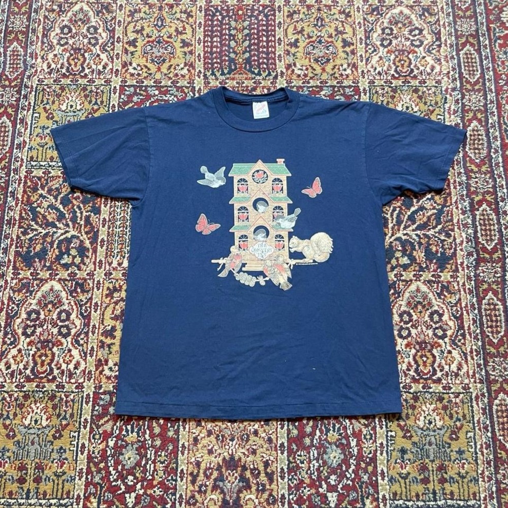 VTG 1995 The Country Inn birdhouse‎ graphic cottage core tee shirt L USA navy